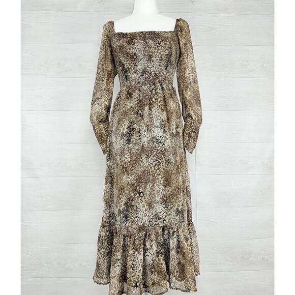 Betsey Johnson Dresses & Skirts - Betsey Johnson Animal Print Midi Dress XS Brown Tiered Smocked Peasant Cottage